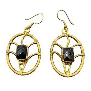 Vintage Faceted Black Wire Frame Openwork Oval Dangle Drop Earrings Gold Tone